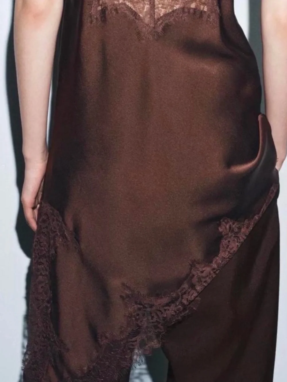 ZARA Satin Effect Chocolate Brown Lace Trim Asymmetric Slip Dress NWT - Picture 9 of 16
